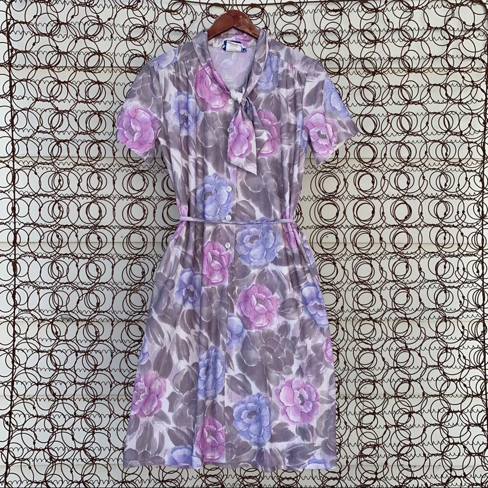 Vintage 80s Nancy II purple floral pussybow shirt dress 12